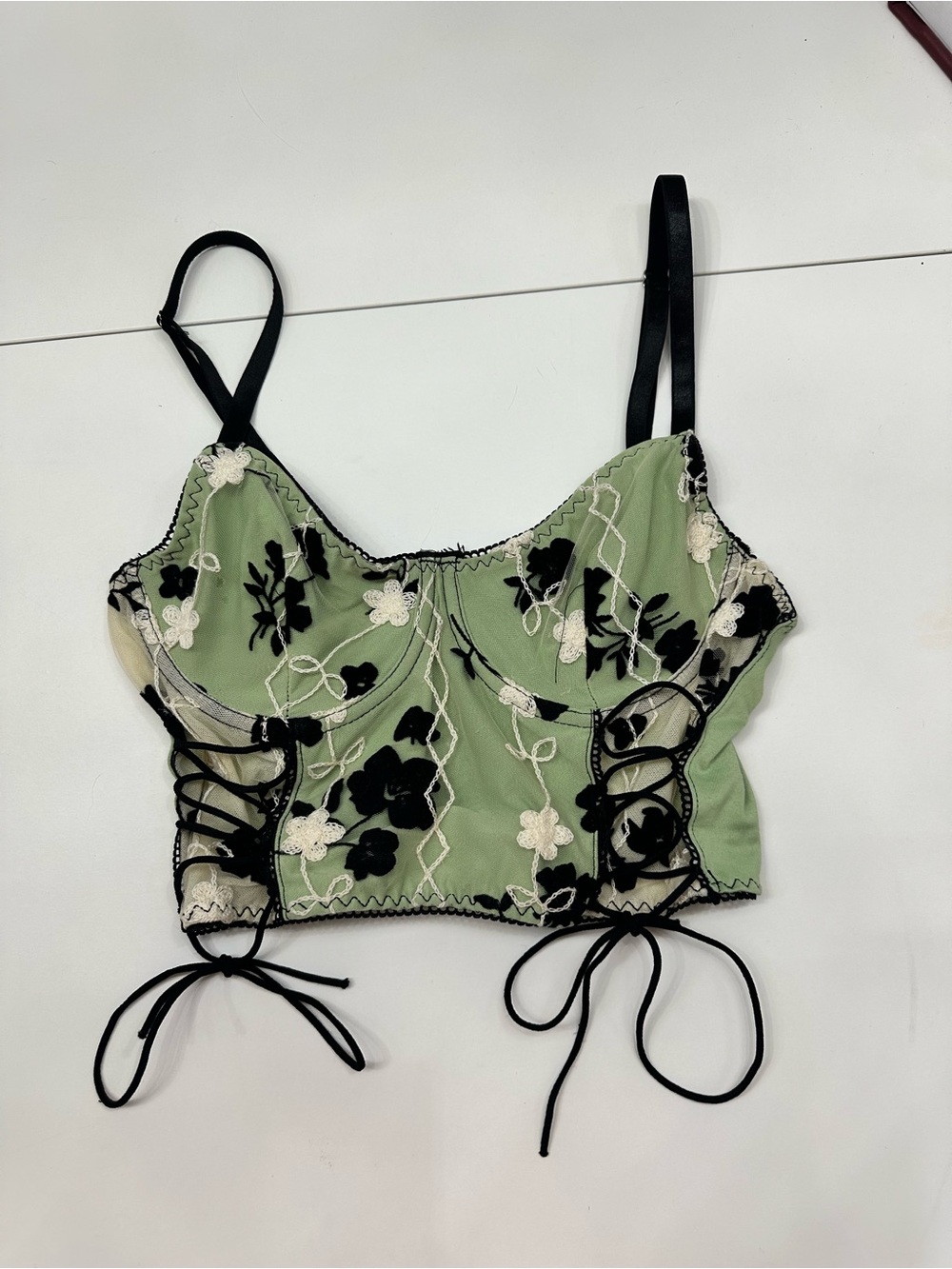 ROMWE Sage Green Floral Lace-Up Crop Camisole